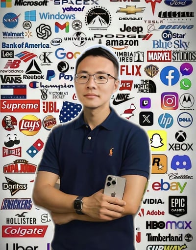 图片中央是一位戴着眼镜、身穿深蓝色Polo衫的男子，他双臂交叉，左手持有一部银色iPhone手机，右手佩戴着黑色智能手表。男子身后是由数百个全球知名品牌Logo组成的密集背景墙，涵盖科技（Microsoft、Apple、Google、Intel）、汽车（Tesla、Chevrolet、Jeep）、零售（Walmart、Amazon）、社交媒体（Facebook、Instagram、Twitter/X）、娱乐（Marvel、Netflix、Disney）、餐饮（KFC、McDonald's、Burger King）等多个领域。Logo排列紧密且色彩丰富，形成强烈的视觉冲击效果。