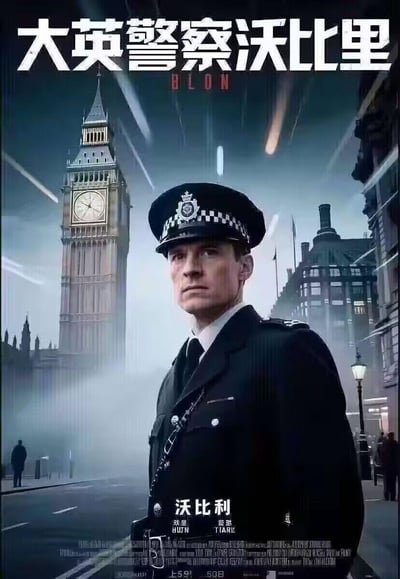这是一张AI生成的仿悬疑类电影海报，画面主体是身着英国传统制式警服的虚构警察角色沃比利，他表情严肃地站立在雾气弥漫的伦敦街道上，背景是标志性地标大本钟，整体色调偏暗，营造出冷峻悬疑的氛围。海报上的文字存在AI生成的错误内容，如“沃比利”下方的“戏皇”“良慕”以及乱码英文，顶部的“BLON”也为无意义生成内容，模仿了真实电影海报的排版与风格。