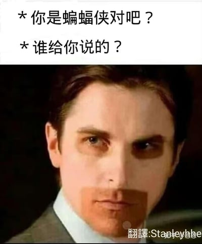 图片上方有两行中文文字：“你是蝙蝠侠对吧？”和“谁给你说的？”。下方是电影《蝙蝠侠：侠影之谜》中克里斯蒂安·贝尔饰演的布鲁斯·韦恩的特写镜头，他表情严肃地直视前方。
