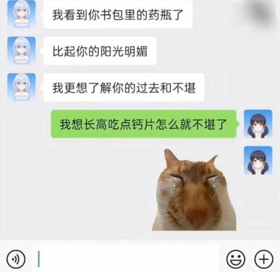 整图为模拟的社交软件聊天界面，左侧白发二次元头像的用户先表示看到对方书包里的药瓶，并称比起对方阳光的状态，更想了解对方的过往和不堪经历，疑似误以为对方有难以言说的创伤过往；右侧黑发双马尾二次元头像的用户回复称自己只是想长高吃钙片，质疑为何吃钙片就和不堪挂钩，聊天界面下方搭配一张橘猫泪流满面的无语表情包，突出误会闹出笑话的搞笑反差效果。