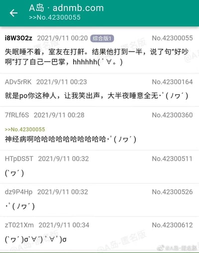 这是一张A岛匿名版（adnmb.com）的帖子截图，发布于2021年9月11日凌晨。楼主匿名ID为i8W3O2z，分享了自己深夜失眠时遇到的趣事：室友打鼾到一半，自己嘟囔“好吵啊”还打了自己一巴掌。后续楼层的网友纷纷回复，有的表示被这个趣事逗笑到睡意全无，有的则用一连串的笑声表达笑点，整个帖子互动充满了轻松搞笑的氛围，展现了深夜宿舍里的有趣日常。