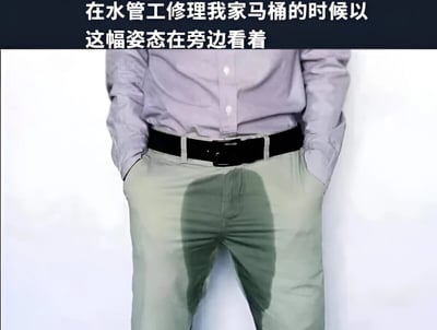 图片展示了一个人从腰部以下的视角，穿着浅紫色衬衫、黑色皮带和浅色长裤，双手插在裤兜里站立。上方配有文字“在水管工修理我家马桶的时候以这幅姿态在旁边看着”。画面中人物裤子上的影子形成了特殊的视觉效果，营造出一种幽默或迷惑的氛围，让人会心一笑。