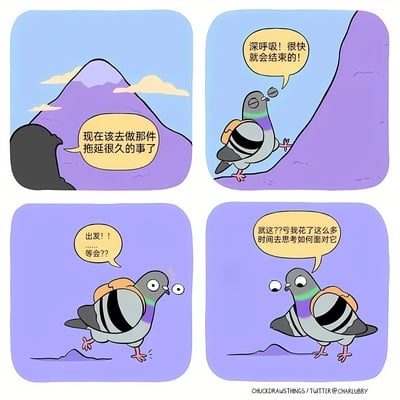 四格连环漫画描绘了一只鸽子的拖延症经历。第一格中，紫色山脉背景下，一个黑色剪影（暗示鸽子）的对话框写着“现在该去做那件拖延很久的事了”；第二格，戴着橙色背包的鸽子正在爬山，自我鼓励道“深呼吸！很快就会结束的！”；第三格，鸽子迈开脚步准备出发，却突然停下疑惑地说“出发！！……等会??”；第四格，鸽子瞪大双眼，一脸困惑地感叹“就这??亏我花了这么多时间去思考如何面对它”。整体通过鸽子的心理变化和行动，幽默展现了人们面对拖延任务时“想太多做太少”的普遍现象。