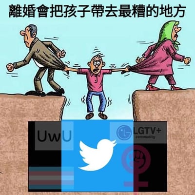 这是一张经过二次创作的讽刺梗图，原本的漫画内容为：一对离异父母分别站在悬崖两侧，用力拉扯悬在半空的孩子，孩子表情惊恐，上方配文「离婚会把孩子带去最糟的地方」。创作者将悬崖底部替换为包含Twitter（原推特）图标、UwU、LGBT+ community标识、跨性别旗帜、女权平权符号的图案，用反讽手法调侃了「离婚会让孩子接触到『糟糕事物』」的保守观点，暗示所谓的「最糟地方」其实是被保守派排斥的LGBTQ+相关网络文化与平权内容。
