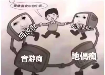 这是一张改编自经典拉手转圈梗图的二次元主题表情包。画面中，一个笑容灿烂的小男孩被四个标注了不同二次元兴趣圈层身份的卡通机器形象拉着手转圈，小男孩开心地说道“我就喜欢和你们玩”。四个形象分别标注为「偶像批」「女声优痴」「音游痴」「地偶痴」，精准对应了二次元领域里不同的爱好者群体，用欢快的画面表现出同时身处多个兴趣圈子的满足感与归属感，能让同好产生强烈共鸣。
图中没有双关、谐音梗或暗示内容，直白地展现了二次元爱好者的快乐状态。