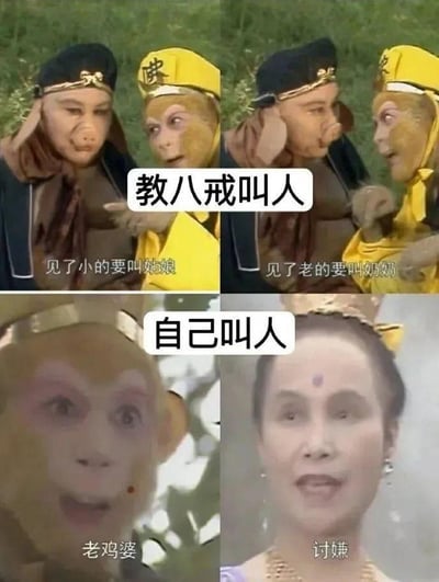 这是一张由经典电视剧《西游记》截图拼接而成的搞笑梗图，分为上下两个板块。上半板块呈现孙悟空一本正经教导猪八戒：“见了小的要叫姑娘，见了老的要叫奶奶”，摆出一副深谙礼貌之道的模样；下半板块则是孙悟空自己面对昴日星官的母亲毗蓝婆菩萨时，直接喊出“老鸡婆”，随即被毗蓝婆菩萨怼“讨嫌”。整图通过前后强烈的行为反差，讽刺了那种只要求他人遵守规则，自己却言行不一的双标行为，充满滑稽感。