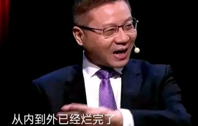 这是一张经过文字加注的节目视频截图，图中人物为学者张维为，他身着西装、佩戴眼镜，面部表情激动，嘴巴大张，手部抬起做出动作，似乎正在激烈发言。画面下方配有文字“从内到外已经烂完了”，这张图被制作成表情包，用于强烈表达对某件人或事完全败坏、毫无可取之处的负面评价，图中没有双关、谐音梗等内容。