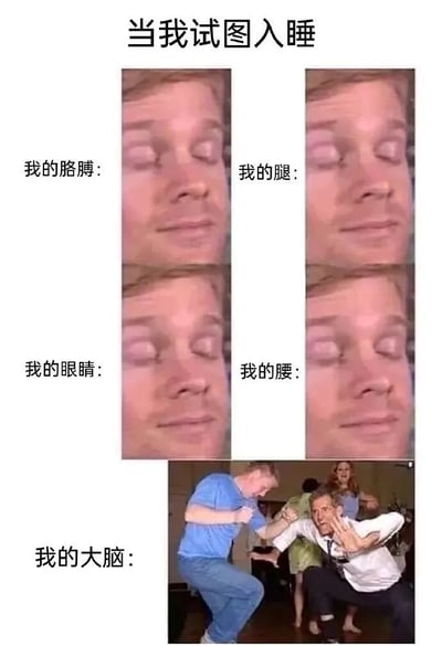 这张梗图通过五张图片对比了试图入睡时身体各部位与大脑的不同状态。上方四张图片展示了胳膊、腿、眼睛和腰的状态，都配有同一张闭眼平静表情的男性脸部特写，暗示身体已经准备入睡。而最下方标注"我的大脑:"的图片则展示了两个男性在兴奋地跳舞，形成鲜明对比，幽默地表现了身体想睡但大脑异常活跃的常见体验。