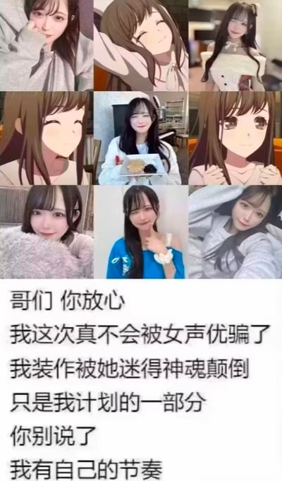 这是一张竖屏的九宫格图文混排梗图，上半部分的九宫格中交替展示了一位真人女声优和她所配音的二次元角色的照片与截图，二者外貌高度相似，形成次元破壁的趣味效果；下半部分是一段充满自我安慰的文字内容，先是向朋友表示自己不会被女声优“欺骗”，装作沉迷只是计划的一部分，随后又强调自己有节奏，用嘴硬的话术来掩饰自己已经被这位颜值与魅力兼具的女声优彻底吸引的真实状态，充满了反差感与搞笑的自我欺骗氛围，精准戳中了二次元粉丝面对喜爱声优时的傲娇心态。