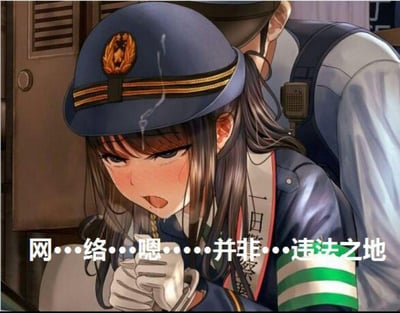 这是一张二次创作的搞笑梗图，画面中是一位身着女警制服的动漫女孩，脸红窘迫，表情带着挣扎感，被身后的男性角色控制住，配文‘网…络…嗯…并非…违法之地’。图中用擦边的窘迫画面搭配正经的网络合规标语，形成强烈反差，玩了‘用不合规的表现说合规的话’的双关梗，制造出荒诞搞笑的效果。