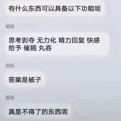 这是一张聊天记录截图，展示了一个有趣的问答。用户以“萌新”身份提问“有什么东西可以具备以下功能呢”，随后列出“思考剥夺、无力化、精力回复、快感给予、催眠、丸吞”等看似复杂的功能需求，最后揭晓答案“被子”，并感叹“真是不得了的东西呢”。通过将日常用品被子赋予一系列夸张的功能描述，形成幽默效果，展现了对被子带来舒适体验的调侃式赞美。