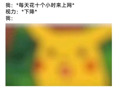 该梗图上方为文字内容：“我：*每天花十个小时来上网* 视力：*下降* 我：”，下方配有一张高度模糊的图片，图片主体呈现黄色和绿色的模糊色块，无法辨认具体内容。通过文字与模糊图像的结合，幽默地表现了长时间上网导致视力下降后，看东西模糊不清的状态，带有自嘲和调侃的意味。