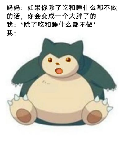 这是一张结合文字对话与卡通形象的搞笑梗图，通过日常母子对话和经典卡通角色制造笑点。对话中妈妈提醒“我”如果只专注吃和睡、不做其他事会变成大胖子，“我”则选择践行这种只吃睡的生活，最后用《宝可梦》系列里以吃和睡为主要日常的卡比兽形象来代表“我”的状态，既呼应了妈妈的提醒，又借助大众熟悉的卡通角色的特性，生动表现出躺平、享受慵懒日常的自嘲感，风格轻松诙谐，很适合用来调侃自己的闲散生活。