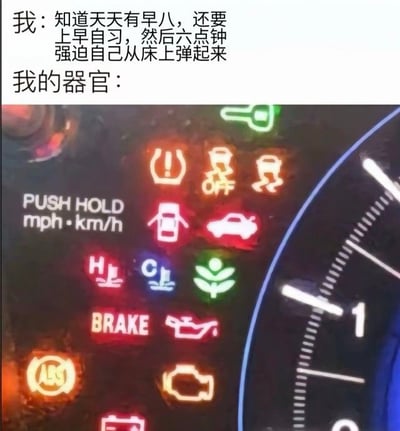 图中上方文字描述了学生“天天有早八、上早自习，需六点钟强迫自己起床”的早起困境，下方配图为汽车仪表盘的特写，屏幕上多个彩色警告灯（如刹车、机油、ABS等故障灯）同时亮起。通过将“器官”类比为故障的汽车系统，幽默地表现了早起对身体造成的多重负担和疲惫状态，生动展现了早八学生的生理抗拒与无奈。