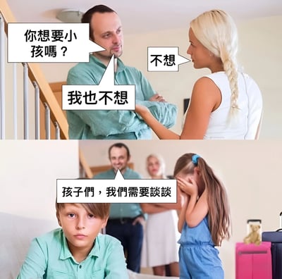 图片分为上下两部分。上半部分中，一名穿绿色衬衫的男子双臂交叉，问对面金发女子“你想要小孩吗？”，女子回答“不想”，男子接着说“我也不想”，两人表情严肃。下半部分场景转变，这对夫妻身后站着两个孩子，男孩表情失落坐在沙发上，女孩低头捂脸，旁边放着行李箱，男子对孩子们说“孩子们，我们需要谈谈”，形成“不想要孩子却已有孩子”的幽默反差。