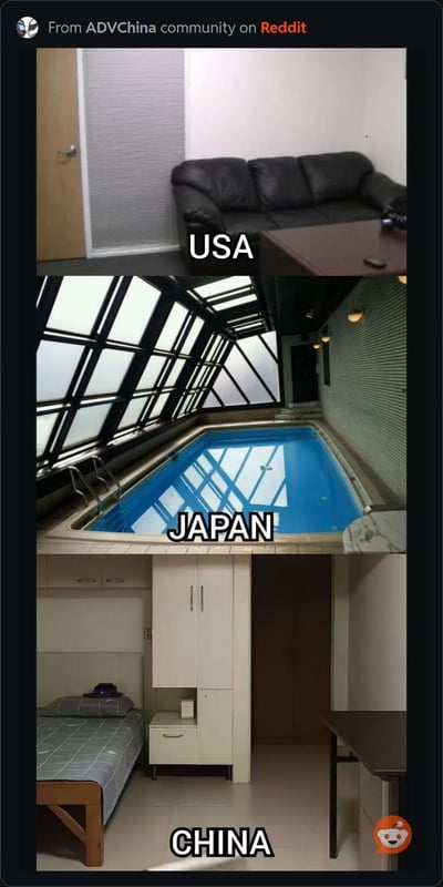 这张梗图通过三张不同风格的室内照片，分别标注“USA”、“JAPAN”、“CHINA”，以幽默方式对比了美国、日本、中国的居住或工作环境。美国是一间平平无奇的办公室配沙发；日本画面意外地是一座室内泳池；中国则是极简窄小的宿舍或单间，形成戏剧化、夸张反差，也隐含调侃讽刺之意，属于典型的中美日对比网络文化梗。