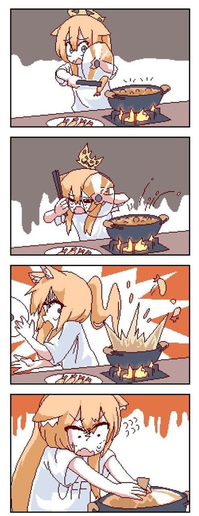 这是一组四格像素风卡通漫画，完整呈现了一位猫耳少女尝试做饭却彻底翻车的全过程：
1. 第一格：少女戴着隔热手套，正将食材放入炉灶上的锅中，神态专注，看起来一切正常；
2. 第二格：锅内的食物开始溅出，少女慌慌张张地用筷子去阻挡，眉头紧皱，表情变得十分紧张；
3. 第三格：锅内直接发生炸开，食材四处飞溅，少女吓得转身躲避，耳朵都被吓得变形，满脸惊恐；
4. 第四格：少女彻底崩溃，愤怒又无奈地用力按住锅，五官皱在一起，显然这次下厨以完全失败告终。
整个漫画生动还原了新手做饭时手忙脚乱最终搞砸的窘迫场景，充满搞笑感，没有双关、谐音梗等内容。