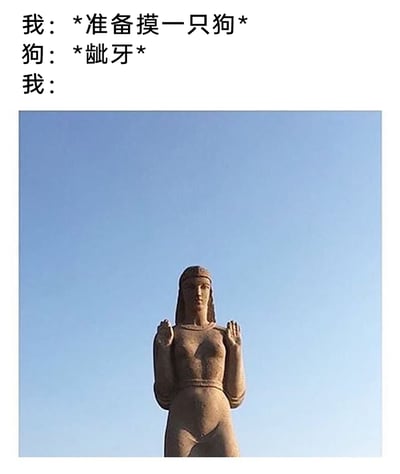 这是一张搞笑梗图，采用图文混排的形式呈现。上方的三段对话构建了一个日常场景：“我”准备摸一只狗，却遭到狗的龇牙警告，随后“我”的反应对应下方的人形雕像——雕像面无表情，双手举起、掌心朝前，做出类似投降、停止的动作，精准地表现出被狗警告后瞬间认怂、放弃摸狗的心态，用夸张的反差感制造出幽默效果，生动还原了和动物互动时的有趣瞬间。