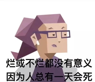 整张图为低多边形风格的卡通人物配字梗图，主体是一位扎着紫色马尾、佩戴黑框眼镜的卡通女性，面部线条硬朗，表情淡漠无神，传递出无所谓的疏离感。图片下方配有两行黑色粗体文字：“烂或不烂都没有意义 因为人总有一天会死”，整体内容用来调侃看淡一切、无所谓摆烂的心态，契合MBTI人格分类中INTP的常见刻板印象。