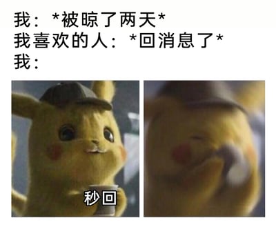 这是一张图文结合的表情包，上方文字构建了一个恋爱场景：“我”被喜欢的人冷落了两天，当对方终于回消息时，“我”的反应通过下方两张大侦探皮卡丘的图片展现出来。左侧皮卡丘手持杯子，配文“秒回”，右侧皮卡丘动作模糊，生动地表现出“我”在收到喜欢的人消息时，立刻急切秒回的状态，精准还原了暗恋或恋爱中一方，哪怕被冷落许久，也会在对方回复时立刻放下所有情绪，第一时间回应的卑微又急切的心态，非常贴合年轻人的恋爱日常。