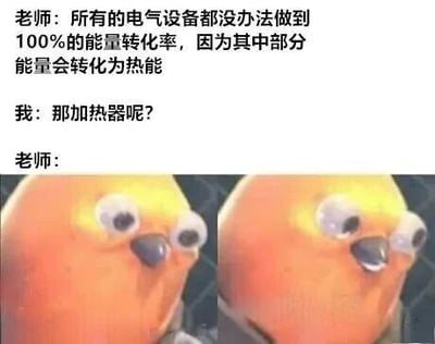 图片上半部分为师生对话文本：老师解释所有电气设备因部分能量转化为热能而无法达到100%能量转化率，学生反问“那加热器呢？”，老师回应处留白。下半部分是两张左右排列的橙色卡通小鸟角色图片，均瞪大双眼、嘴巴微张，表情充满困惑与震惊，生动表现出老师被反问后无言以对的状态。通过物理知识与日常用品的反差制造幽默效果。