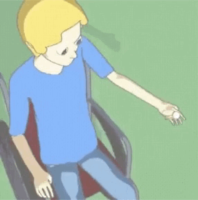 这是一段动态GIF，画面中一位金发、身穿蓝色上衣的卡通人物坐在椅子上，其手臂和身体出现了违背正常人体结构的扭曲错位，制造出荒诞、离谱的视觉效果，属于视觉错位类的搞笑动画素材，常被用来表达无语、荒诞、离谱的情绪。
