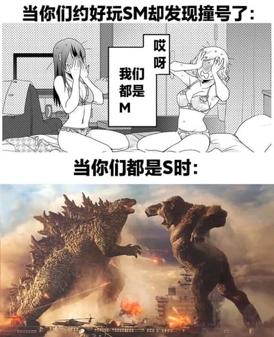 这是一张上下对比的搞笑梗图，上方是两个穿着内衣的动漫女性角色，她们双手捂脸，表情尴尬，对话框中写着"哎呀 我们都是M"。下方是哥斯拉和金刚对峙战斗的电影场景。图片通过对比展现了当SM玩伴角色冲突时的幽默情景：两个M相遇会尴尬，而两个S相遇则会像怪兽一样激烈冲突。