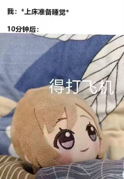 这是一张调侃睡前状态的图文梗图，上方文字依次为“我：*上床准备睡觉*”“10分钟后：”，下方是一个躺在床上的二次元卡通毛绒玩偶，配文“得打飞机”。用生活化的场景还原很多人准备入睡时，突然产生想要自慰的念头的经历，玩偶无辜平静的表情和直白的文字形成强烈反差，制造出搞笑的效果。
注：“打飞机”是中文里指代男性自慰的俚语。