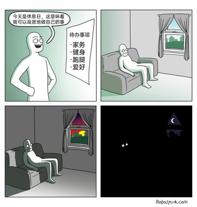 这是四格连环漫画，精准描绘了许多人休息日的真实状态：第一格中，白色人形角色叉着腰，满脸兴奋地说道“今天是休息日，这意味着我可以高效地做自己的事”，旁边的待办事项清单列着家务、健身、跑腿、爱好四项充实的计划；第二格，角色却瘫坐在沙发上，眼神呆滞，完全没有开始执行计划的动作；第三格，窗外的天色已经来到傍晚日落时分，角色依旧保持瘫坐在沙发上的姿势，一整天都没有挪动；第四格，深夜彻底降临，房间陷入漆黑，只有角色的眼睛在黑暗中亮着，窗外的月亮显示已是深夜，制定的所有计划都没有完成，角色就这么瘫坐虚度了一整天。