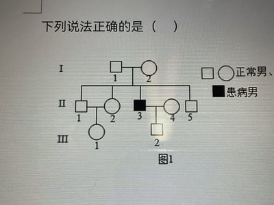 这是一张生物学科的练习题截图，内容为遗传病系谱图相关的选择题。图片顶部显示题干“下列说法正确的是（ ）”，右侧配有图例说明：空心正方形代表正常男性、空心圆形代表正常女性，实心黑色正方形代表患病男性。中间的系谱图标注了三代家族成员的健康状况和亲缘关系，世代用罗马数字I、II、III标识，同代个体用阿拉伯数字编号，右下角标注该图为“图1”，是典型的高中生物遗传学知识点考察题型的配图。