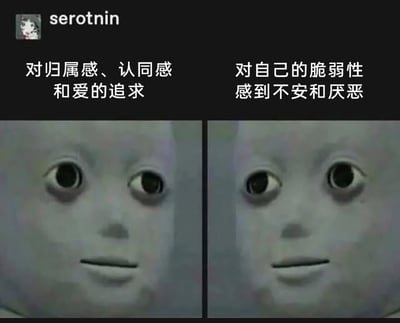 这是一张采用左右对比形式的图文混排网络meme图，整体风格诡异冷淡。图中左右两侧各展示了一张3D渲染的类人卡通面孔，面孔表情空洞诡异，嘴角平直，眼神无神。左侧面孔上方配有文字“对归属感、认同感和爱的追求”，对应个体内心深处对被接纳、被关爱、获得群体认同的本能渴望；右侧面孔上方配有文字“对自己的脆弱性感到不安和厌恶”，对应个体因自身流露出需要依赖、柔软脆弱的一面而产生的自我否定与排斥心理。这张图精准捕捉了当代人普遍存在的内心矛盾：一边渴望亲密与认同，一边又因自身的脆弱而自我厌恶，用诡异的视觉形象放大了这种纠结拉扯的情绪。