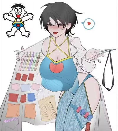 图片展示了一位动漫风格的艺术少女，她有着黑色短发，穿着蓝色上衣和白色外套，手持透明画材收纳盒，里面装有各种彩色画笔和颜料。少女面带羞涩表情，脸颊泛红，旁边有一个心形对话框。左上角有一个经典漫画风格的小角色，张开双臂，表情开心。整幅画采用了鲜明的色彩对比和细腻的线条，展现了动漫艺术的独特魅力。