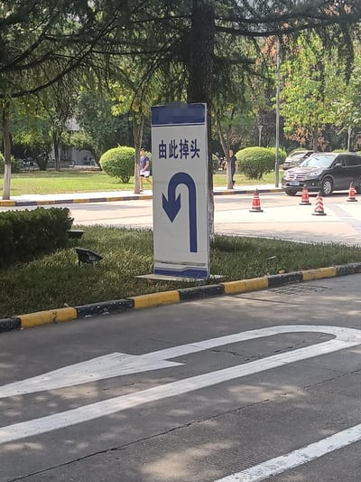 这是一张户外道路场景的实拍图，画面中心位置立有一块蓝白配色的交通指示牌，牌面上方标注蓝色文字“由此掉头”，下方配有蓝色的掉头箭头图案；前景的沥青路面上施划了白色的掉头导向标线，明确车辆行驶路径。背景是绿化良好的道路区域，有高大的乔木、修剪整齐的球形灌木和草坪，步道上有行人正在行走，远处停放着一辆黑色SUV，还摆放了几个交通锥，整体是环境整洁的园区或绿化型城市道路的掉头区域，用于规范指引车辆在此处完成掉头操作，图中无谐音梗、双关或暗示类内容。