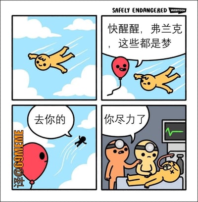 这是一张改编自知名网络漫画《Safely Endangered》的四格搞笑漫画梗图。故事里，主角弗兰克在蓝天白云中自由飞翔，随后被红色气球友情提示“快醒醒，这些都是梦”，意味着弗兰克其实是在做梦，气球试图唤醒他。弗兰克却暴躁回击了气球，最后一格出现医院抢救室的场景，医生们宣布他已经尽力了，暗示主角回天乏术。整体风格无厘头且带有“生死、梦境交错”的黑色幽默。最后一格的句式“你尽力了”常被用来表达‘努力无果’的遗憾和安慰。\n有一定的双关和隐喻：梦境与死亡、努力与结果的无奈落差。