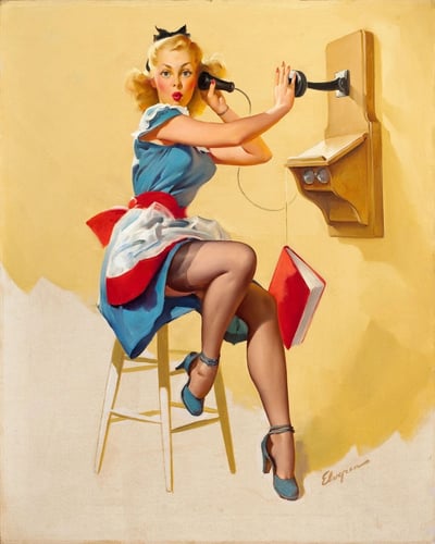 A vintage pin-up illustration featuring a blonde woman with curly hair wearing a blue dress with a red apron, blue high heels, and black stockings. She is sitting on a white stool against a yellow background, using an old-fashioned wall-mounted telephone. A red book lies on the floor beside her. The woman has a surprised expression on her face as she holds the telephone receiver to her ear with one hand while dialing with the other. The illustration style is characteristic of mid-20th century pin-up art with vibrant colors and attention to detail in the clothing and figure.