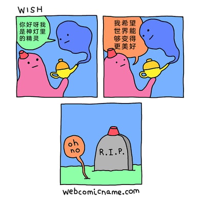 这是一则三格黑色幽默连环漫画，标题为“愿望”。第一格中，头戴红色顶饰的粉色卡通角色手持黄色神灯，蓝色的神灯精灵从灯中飘出，微笑着自我介绍；第二格中，该角色向精灵许下“我希望世界能够变得更美好”的宏大愿望；第三格的结局充满荒诞讽刺，许愿者已离世，化为刻有“R.I.P.”的墓碑，神灯精灵则变成小小的橙色形态，惊慌地喊出“oh no”。漫画以反套路的结局制造反差笑点，用黑色幽默的方式调侃“世界变美好”的愿望以许愿者的消失为代价，形成极具讽刺性的荒诞效果。