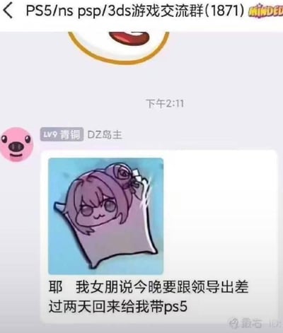 这是一张游戏交流群的聊天记录截图，群名为"PS5/ns psp/3ds游戏交流群(1871)"。群成员"DZ岛主"（LV9青铜等级，粉色猪头头像）在下午2:11发布了一条消息，内容是："耶 我女朋友说今晚要跟领导出差 过两天回来给我带ps5"，并配上了一张卡通图片。图片中是一个紫色头发的卡通女孩从被子里探出头来，面带微笑，看起来很开心。

图片中存在明显的暗示和讽刺意味：表面上是炫耀女友出差回来会带PS5游戏机，实际上暗示了对女友"和领导出差"这一说法的怀疑，带有调侃和搞笑的意味。