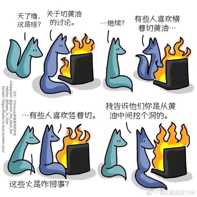 这是一则四格卡通连环漫画，讲述两只狐狸观看网络上关于切黄油方式的讨论：一开始只是普通的横切、竖切黄油的讨论，电脑仅小范围起火；当蓝狐狸说出“我告诉他们你是从黄油中间挖个洞的”后，电脑的火越来越大。用电脑起火的夸张方式，表现“从黄油中间挖洞”的切法在爱好者眼中是极具争议、“离经叛道”的行为，制造出荒诞搞笑的效果。