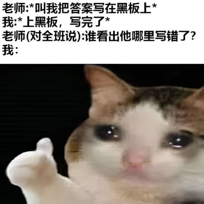 图片上半部分为课堂对话文字：老师让学生把答案写在黑板上，学生写完后，老师问全班谁能看出错误，最后以“我:”结尾。下半部分是一只近距离拍摄的猫，有着大大的圆眼睛，眼神迷茫，同时抬起一只白色的前爪，仿佛在表达困惑和不知所措。整体通过文字与猫咪表情的结合，幽默展现了学生被老师指出错误时的迷茫状态。