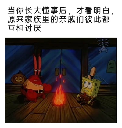 这是一张带有现实感悟的表情包，上方配文“当你长大懂事后，才看明白，原来家族里的亲戚们彼此都互相讨厌”，下方是《海绵宝宝》的动画截图：蟹堡王的木质地板上，蟹老板和海绵宝宝围坐在一小堆篝火旁，背景里有南瓜灯、幽灵装饰，充满万圣节氛围。蟹老板一脸了然、习以为常的神情，仿佛早已看透这种人际关系，而海绵宝宝则是满脸惊讶、不敢置信的样子，完美对应了成年人长大后突然发现亲戚间并非表面和睦的心理变化，用卡通场景烘托出这种略带无奈的现实真相，极易引发网友共鸣。