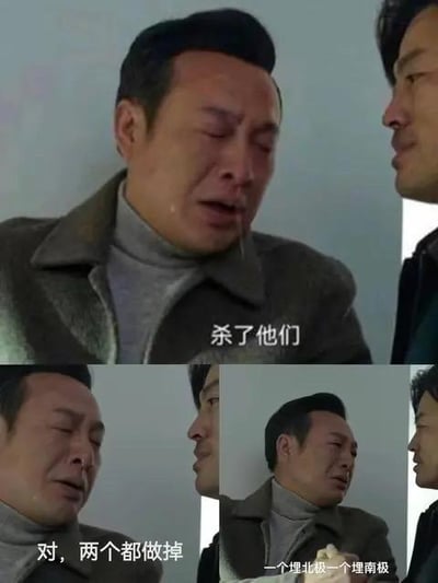该图为多图拼接的电视剧剧照截图，共包含三个画面。上方主画面中，一名穿着灰色高领毛衣和深色外套的男子表情激动，眼眶泛红，正与另一名男子对视，画面下方配有字幕“杀了他们”。左下角画面延续对话场景，字幕显示“对，两个都做掉”；右下角画面中，激动男子的对话进一步升级，字幕为“一个埋北极一个埋南极”。整体通过截取电视剧中极端且荒诞的犯罪对话，形成黑色幽默效果，将严肃剧情片段转化为搞笑梗图。