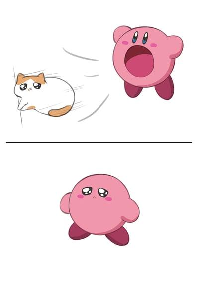 这是一幅两格的连环卡通漫画，上半部分呈现的是任天堂经典角色星之卡比张大嘴巴，做出其标志性的吸入动作，试图吸走旁边飞速逃窜的网红“悲伤猫猫”——那只带着委屈表情的胖橘白猫，猫猫面露慌张委屈，周围的线条强化了它逃窜的速度感；下半部分则是卡比没能成功吸到猫猫，露出了和刚才那只猫猫一模一样的委屈悲伤表情，整个人（卡比）显得十分失落，用趣味的方式结合了两个热门形象的特点。