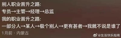 这是一张上下对比的纯文字社交媒体截图，通过两组文字对比来制造幽默效果。上方呈现了大众认知中常规的职场晋升路径：专员逐步晋升为主管、经理、总监；下方则以自嘲的方式，用“一部分人→某人→极个别人→更有甚者→我就不说是谁了”这样的表述，调侃自己在职场中没有获得实质性的职位晋升，反而可能因为负面事件或特殊情况被模糊指代，用夸张幽默的手法表达职场晋升无望的无奈，容易引发职场人士的共鸣。图片右下角带有微博账号“@生活快乐指南”的水印，标注发布时间为1月前，地点为内蒙古。