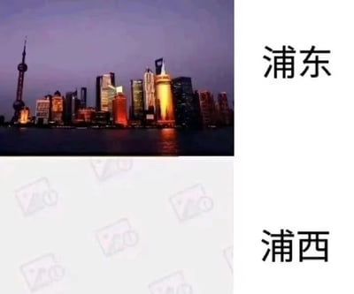 这是一张上下对比的网络梗图，上方呈现的是上海浦东陆家嘴的繁华夜景，东方明珠、金茂大厦等标志性摩天大楼灯火璀璨，江面倒映着城市灯光，尽显国际大都市的繁华风貌，右侧配有文字“浦东”；下方则是一张布满模糊版权水印的空白图片，右侧配有文字“浦西”。图中通过这种极端的视觉反差，用夸张调侃的方式制造笑点，是对浦东和浦西的一种趣味化刻板印象表达，无恶意，仅为网络搞笑创作。