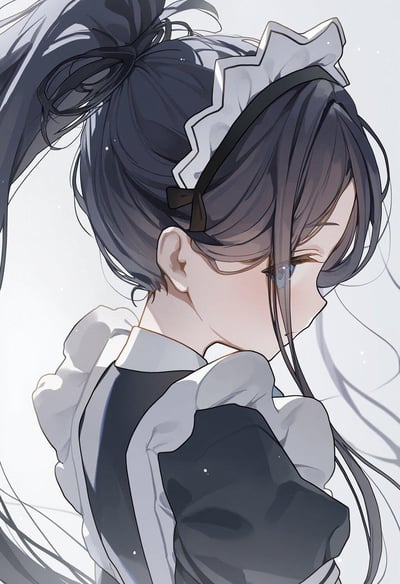 这是一张AI绘制的二次元风格插画，画面主体是一位身着女仆装的少女，以侧颜背对镜头回头的姿态呈现。深灰色长发扎成蓬松的高马尾，发梢有些许凌乱的发丝散落，蓝灰色的眼眸带着淡淡的忧伤感，脸颊泛着浅粉的红晕。女仆装采用经典的黑白配色，衣领和肩部的白色褶皱设计柔和精致，背景是干净的浅灰色调，点缀着细碎的光点，整体氛围安静又带着些许落寞，画风细腻柔和，充满二次元的温柔质感。