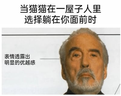 这是一张文字加注类的静态真人表情包，图片上方配有文字“当猫猫在一屋子人里选择躺在你面前时”，下方是演员克里斯托弗·李的面部特写，旁边标注文字“表情透露出明显的优越感”。这张图用拟人化的方式，调侃了当宠物猫在众多人中唯独选择亲近自己时，铲屎官会产生的那种暗自得意、仿佛获得了特殊认可的优越感，将人的这种微妙心态通过克里斯托弗·李自带威严与优越感的表情生动地展现出来，十分贴合养猫人群的趣味心理。