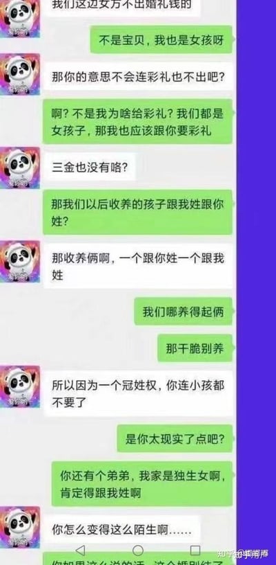 图片为聊天记录截图，显示两个使用熊猫头像（头像含“爱你哟”文字）的用户对话。对话围绕同性情侣间的婚姻习俗展开：一方提及“女方不出婚礼钱”，另一方以“自己也是女孩”为由反驳需支付彩礼，进而讨论“三金”、收养孩子冠姓权等问题，最终因冠姓权和现实经济问题产生争执，反映了传统婚姻习俗在同性关系中的冲突与现实考量。