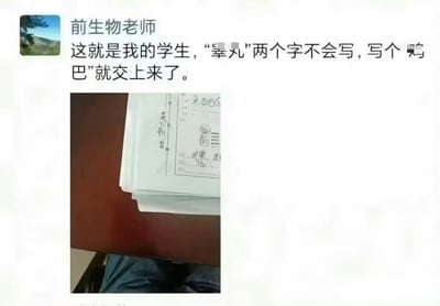 图片为社交媒体截图，内容是一位前生物老师吐槽学生作业：学生因不会写“睾丸”二字，竟写成“鸡巴”交上来。截图上方有老师的文字吐槽，下方配有学生作业的实拍照片，作业纸上有手写笔记和简单图画。整体呈现出师生间的搞笑日常，带有无奈又好笑的情绪。