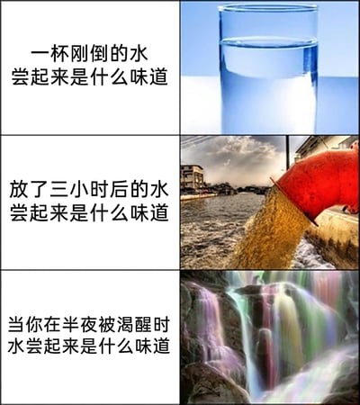 这是一张由三格内容组成的多图拼接梗图，通过图文结合的方式，用夸张的视觉画面来形容不同场景下水的味道感受：第一格展示一杯干净透明的玻璃杯清水，配文“一杯刚倒的水尝起来是什么味道”，对应日常刚倒的水清爽无味的正常状态；第二格用红色管道排出浑浊黄水的画面，配文“放了三小时后的水尝起来是什么味道”，以夸张的视觉表现放置后的水会出现奇怪的、类似污水的怪异口感；第三格是色彩绚丽的彩虹瀑布，配文“当你在半夜被渴醒时水尝起来是什么味道”，极度夸张地表现人在半夜极度口渴时，任何水都会变得像“仙水”一样甘甜美味，精准戳中大众日常生活里的真实喝水体验，用反差感制造搞笑效果。