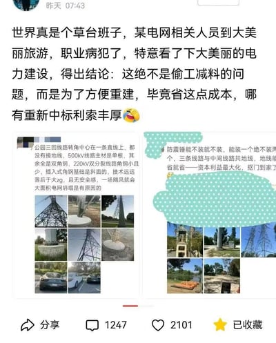 一张社交媒体截图，内容是关于某电网相关人员对国外（文中称“大美丽”）电力建设的批评。主要文字部分称其电力建设不是偷工减料，而是为了方便重建以获取重新中标的利益，并配有多张电力塔及线路基础的照片，旁边还有对电力设施技术问题的点评，如线路转角中心在一条直线、无接地线、主材规格问题等，以及关于防震锤安装、地线共用等方面的批评，认为资本利益最大化导致安全性不足。